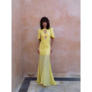 DE LA VALI Yellow Middle Front Cutout Ruching Flowy Sheer Skirt Olympia Gown 14